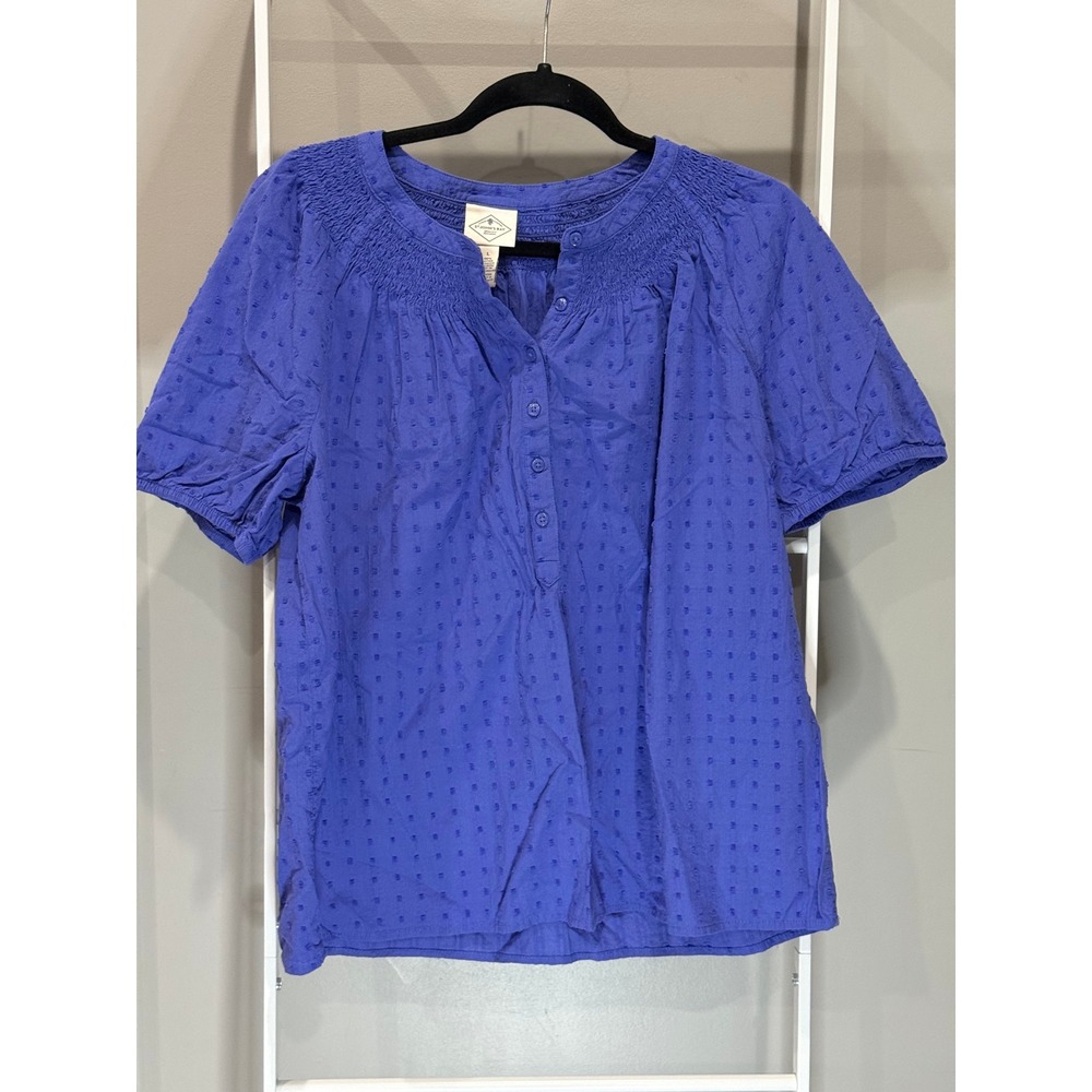St Johns Bay Womens Blue Smocked Henley Blouse L 100% cotton Cottagecore Boho